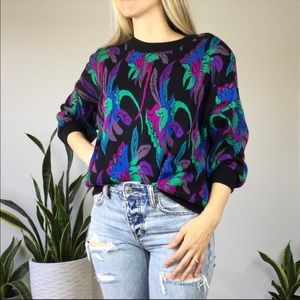 Vintage 80s 90s dark floral colorful  sweater L